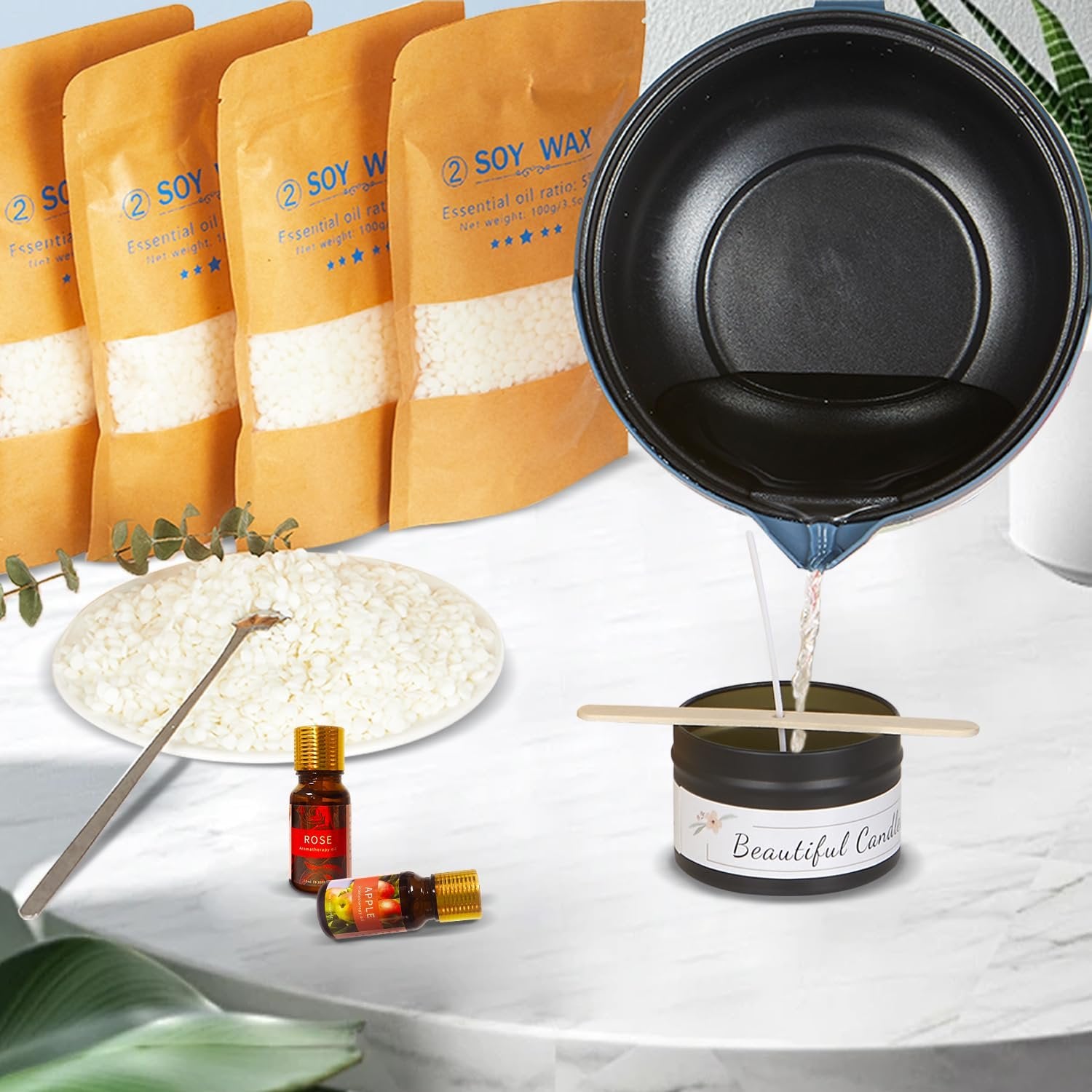Scented candle making kit with soy wax, fragrance oils, and a melting pot pouring wax into a jar.