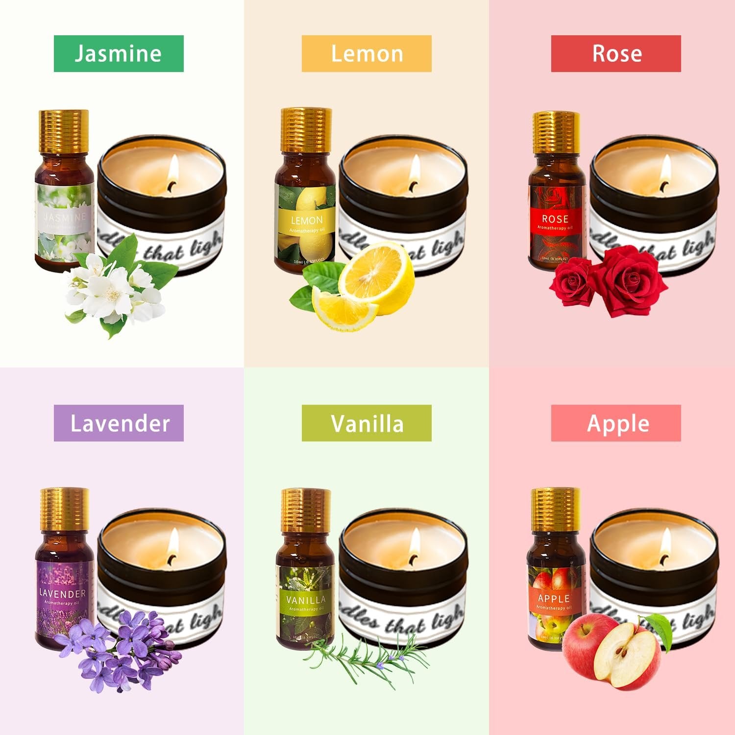 Six different scented candle kits displayed in a grid, each with a candle, aromatherapy oil, and decorative elements like flowers or fruit.