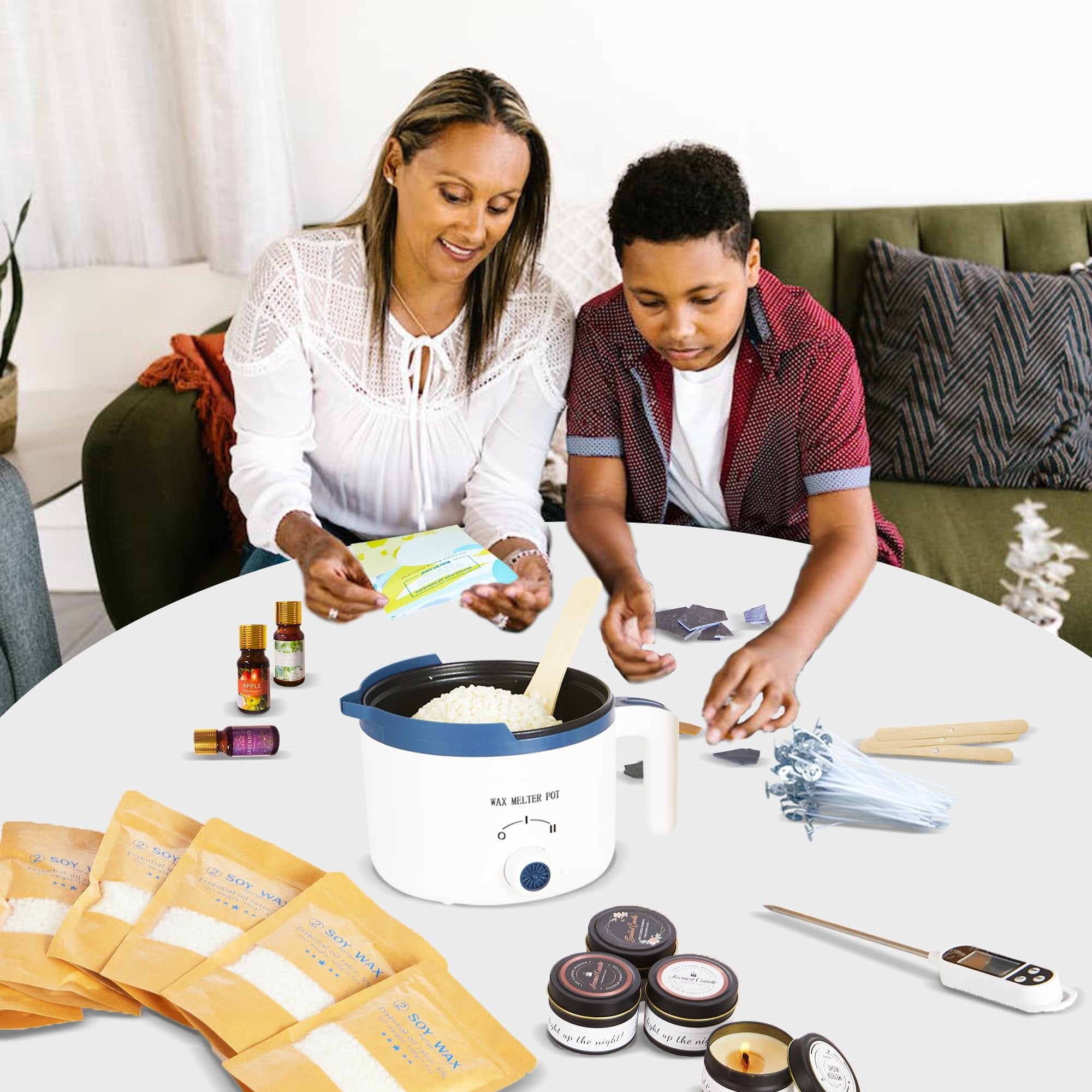 Mother and son making scented candles with a wax melter, soy wax, fragrance oils, and jars on a table.