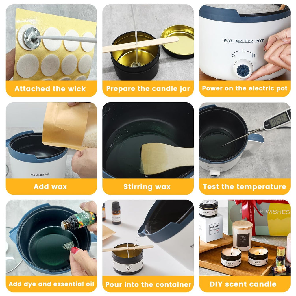 Collage showing steps for making scented candles, including attaching wicks, preparing jars, melting wax, adding fragrance, and pouring into containers.