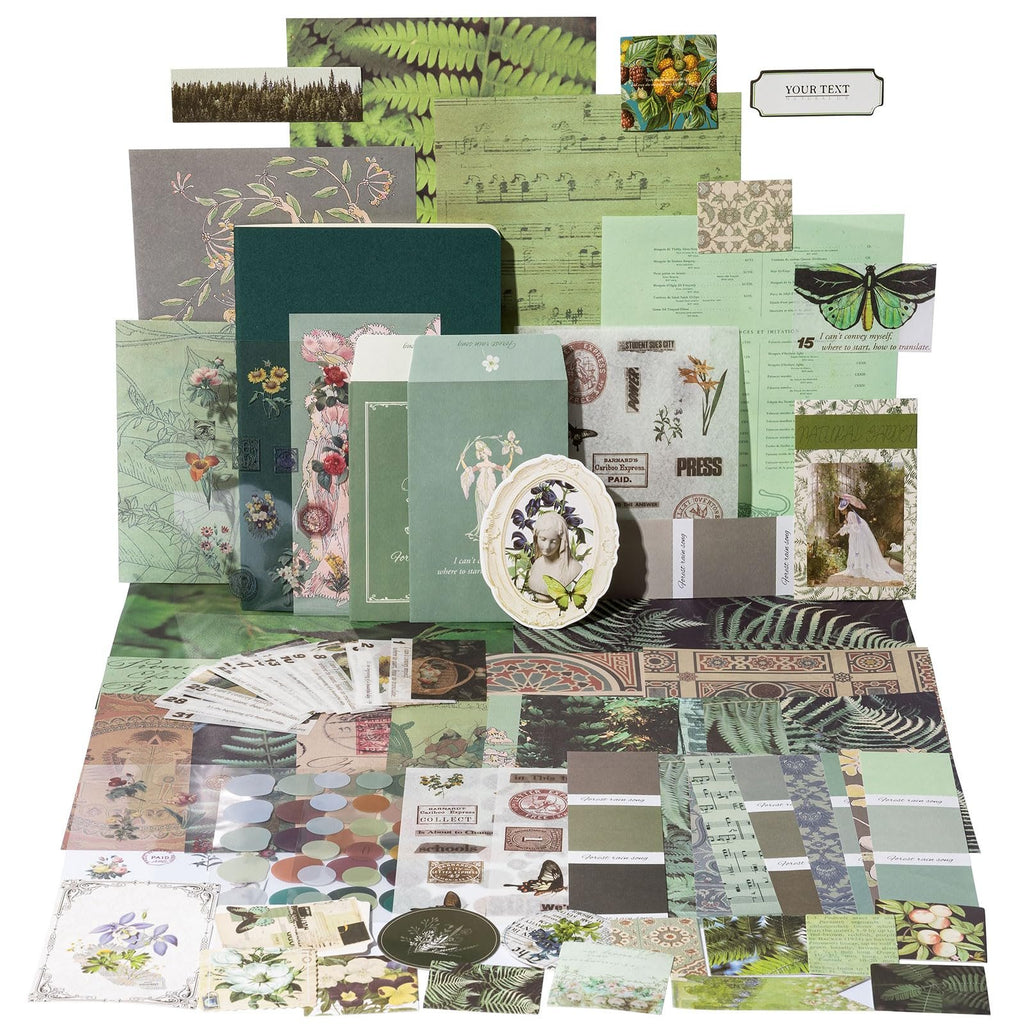 Assortment of vintage-style scrapbook paper, stickers, and embellishments in green and brown tones, laid out flat.