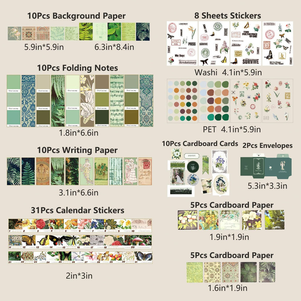 Collage of various scrapbook supplies including background paper, stickers, folding notes, writing paper, calendar stickers, washi tape, PET stickers, cardboard cards, and envelopes.