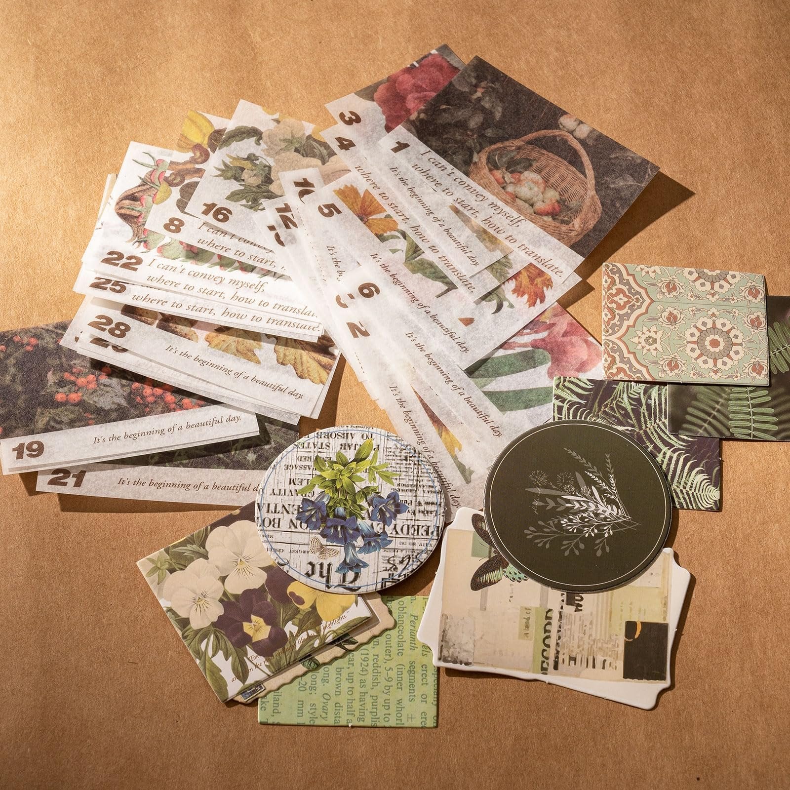 Scrapbook kit supplies including decorative papers with floral and vintage designs, numbers, and text.