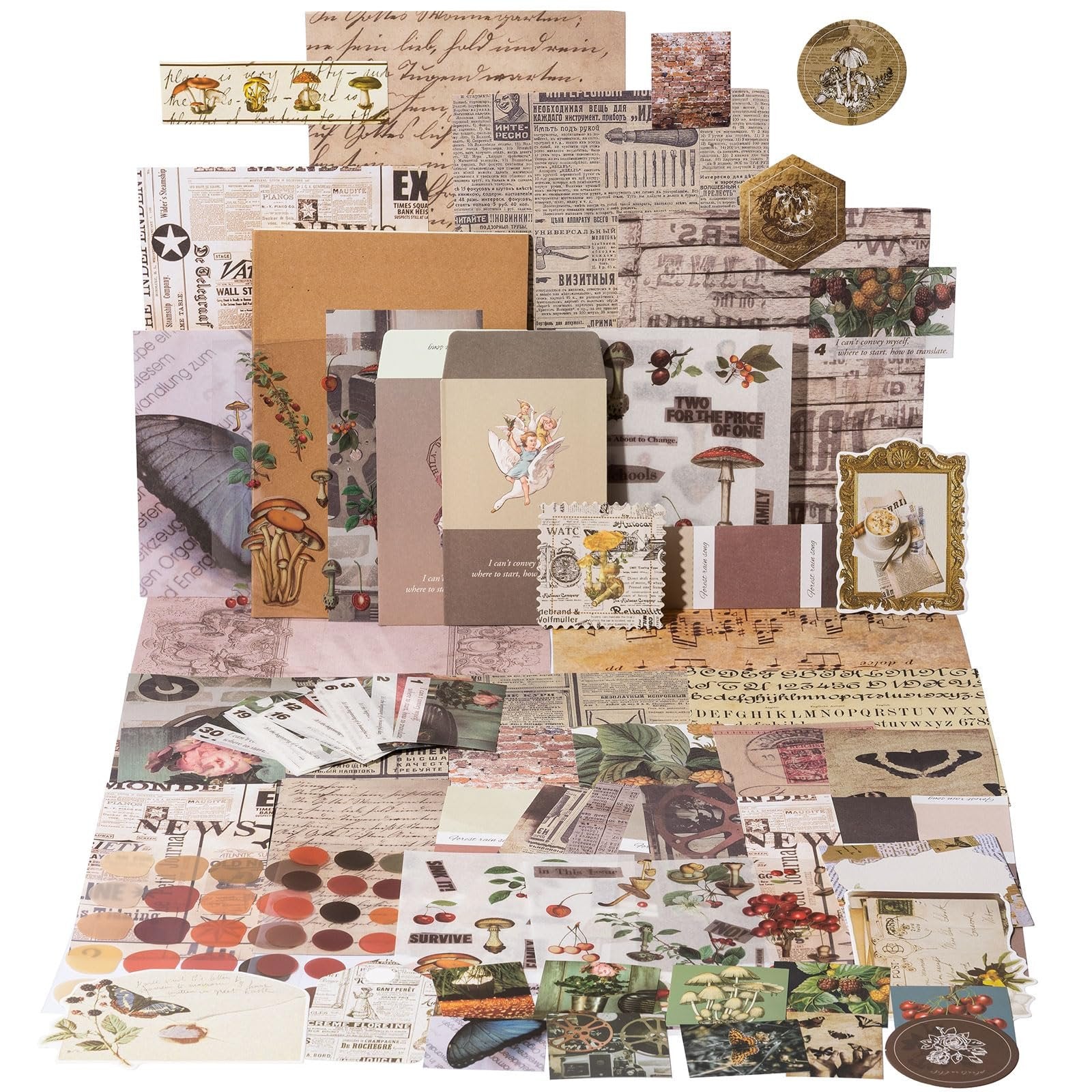 Collage of vintage-style scrapbook paper, stickers, and ephemera featuring mushrooms, butterflies, fruits, and text.