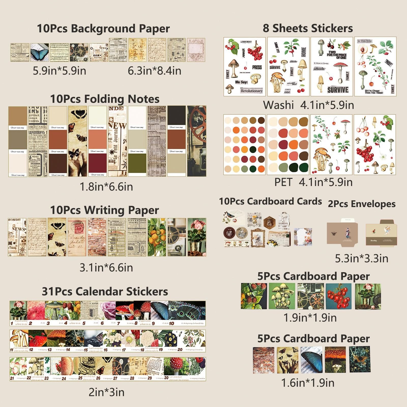 Collage of various scrapbook and junk journal supplies including background paper, stickers, notes, writing paper, and envelopes.