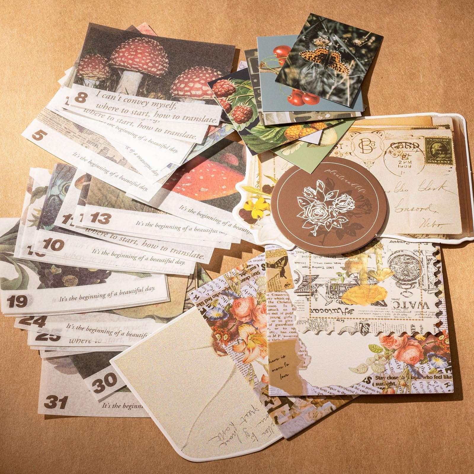 Scrapbook kit with various decorative papers featuring mushrooms, butterflies, flowers, and vintage text. Some papers have numbers and phrases.