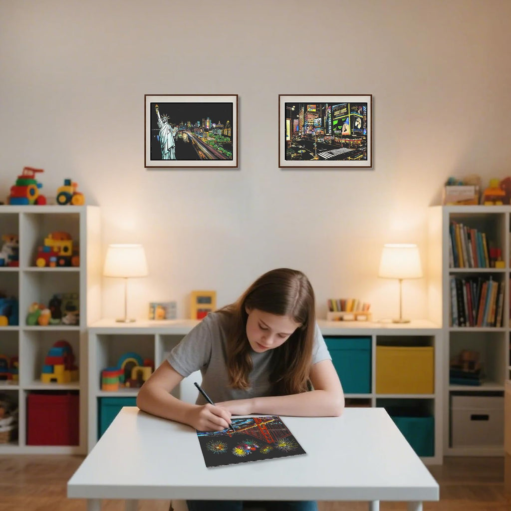 Teenager drawing on scratch art paper featuring a bridge and fireworks, with framed city art on wall