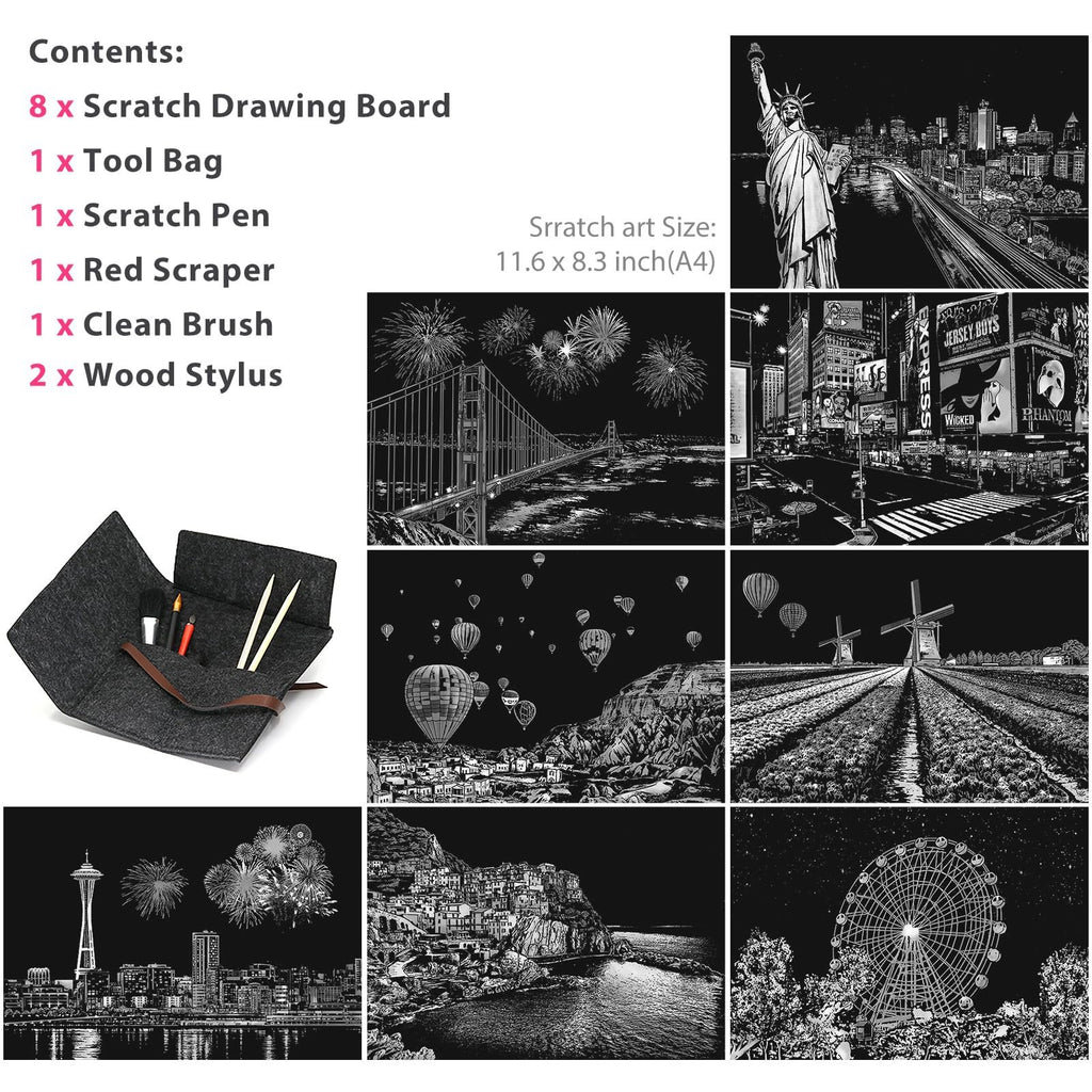 Scratch art kit contents and examples of scratch art designs including landmarks and landscapes.