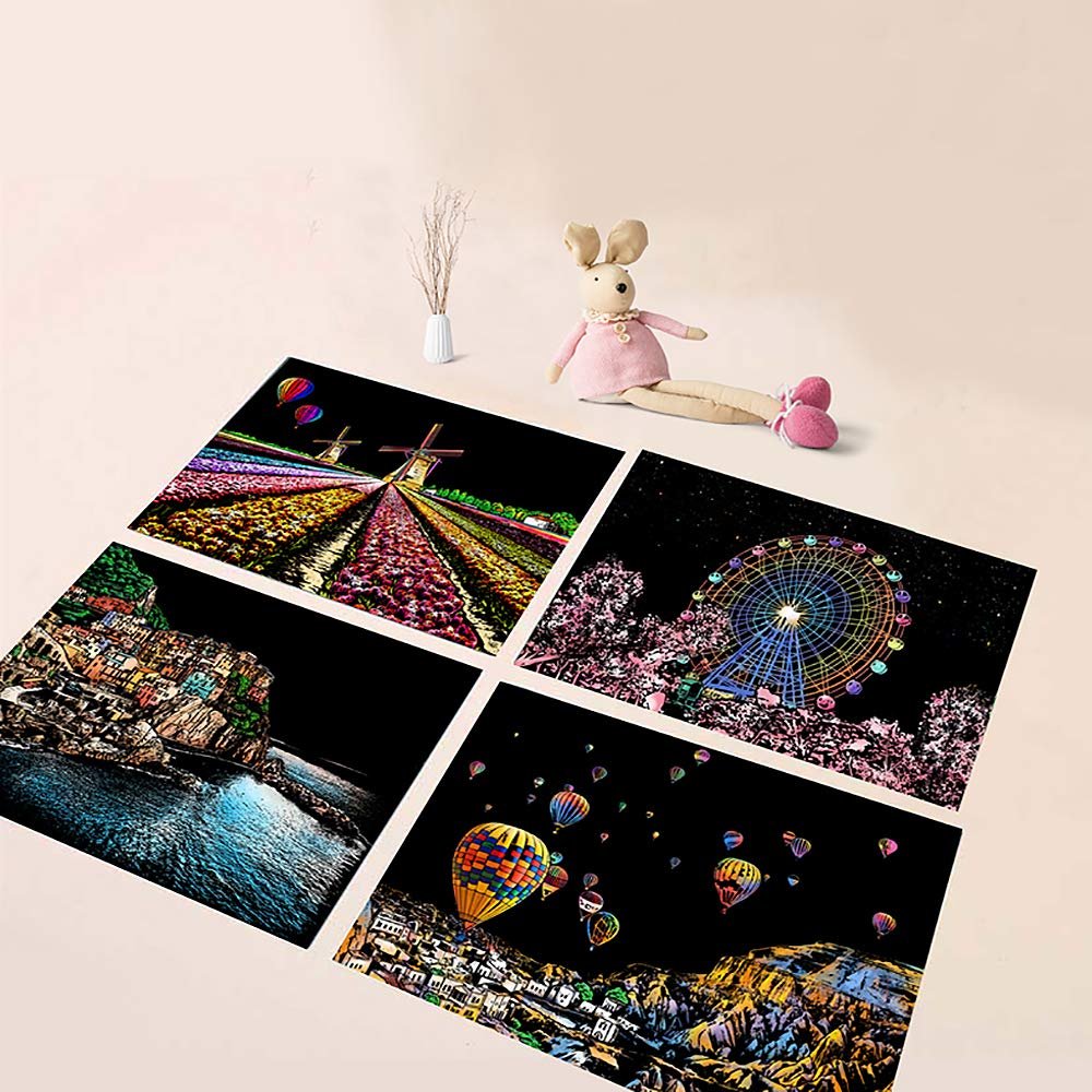 Four scratch art cards depicting world landmarks: a field of tulips with windmills, a Ferris wheel, a coastal town, and hot air balloons over a city.