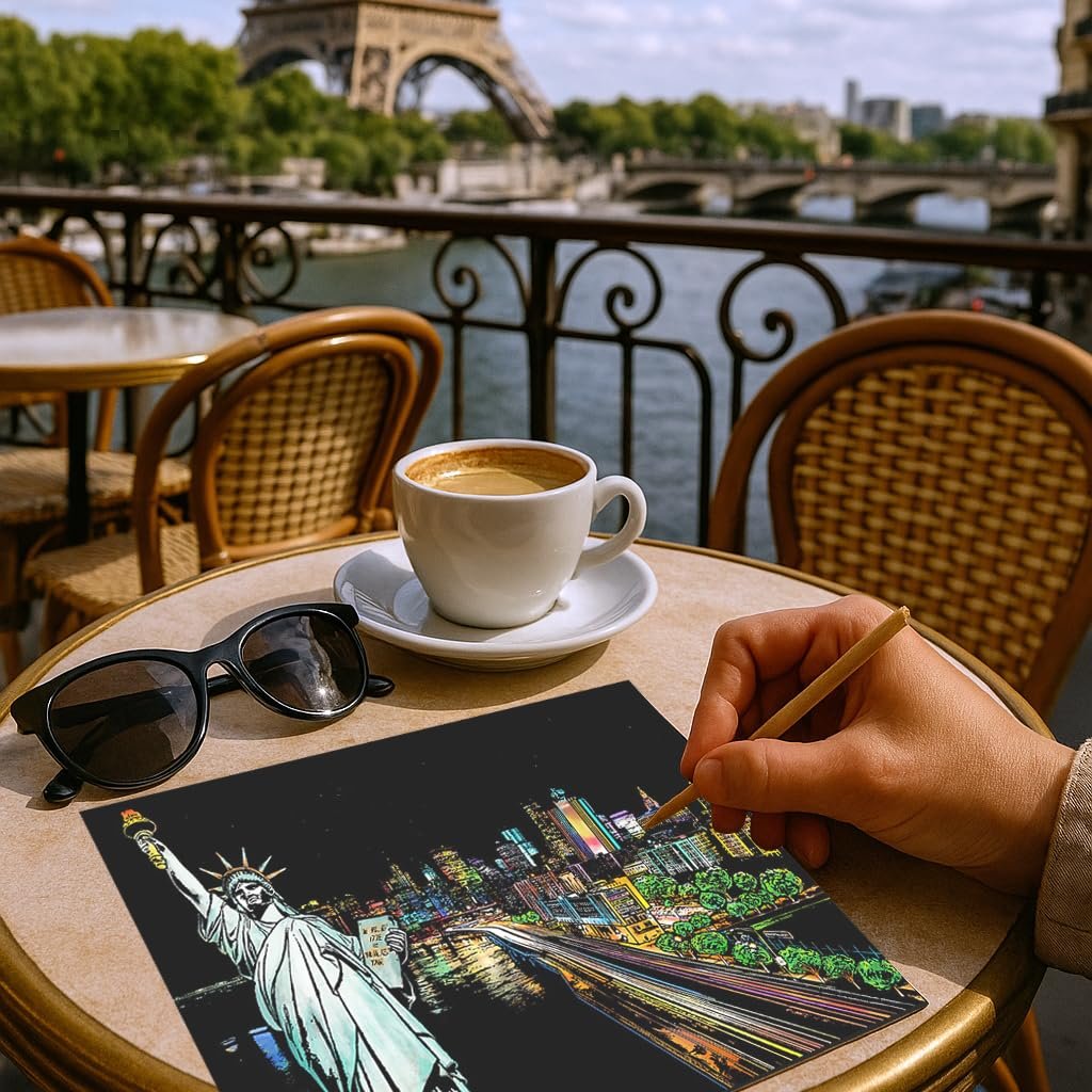 Person's hand using a stylus on a scratch art card depicting the Statue of Liberty and New York City skyline, on a table with coffee and sunglasses, with Eiffel Tower in background.