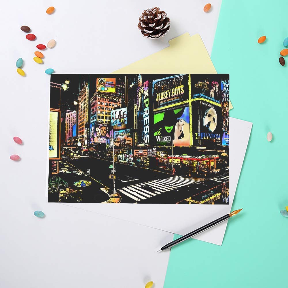 Times Square at night with bright billboards for Broadway shows like Wicked and Phantom of the Opera.