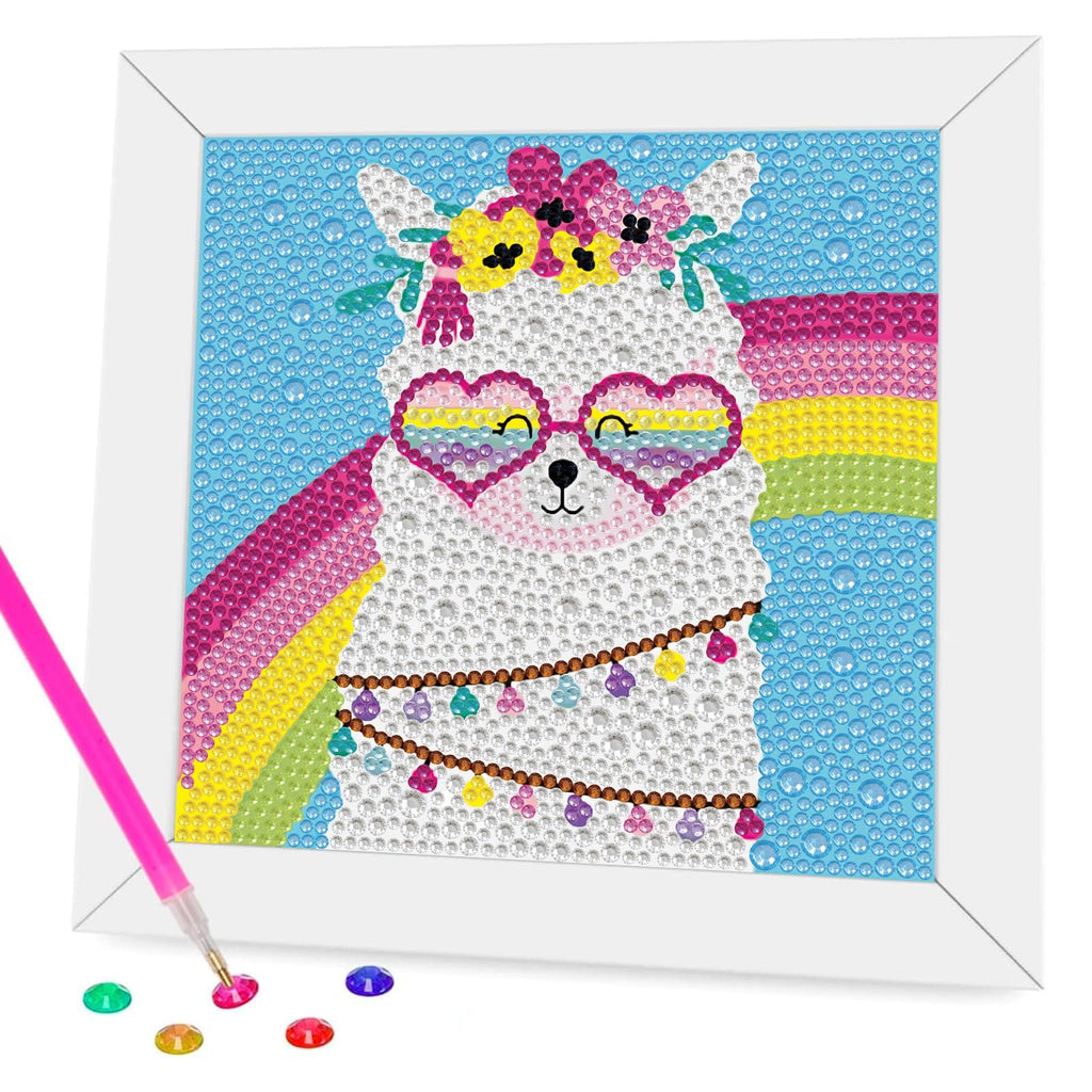 Diamond painting kit featuring a llama wearing heart-shaped sunglasses and a flower crown, with a rainbow and string lights, on a blue background with a white frame. A pink tool and colorful diamonds are shown in the foreground.