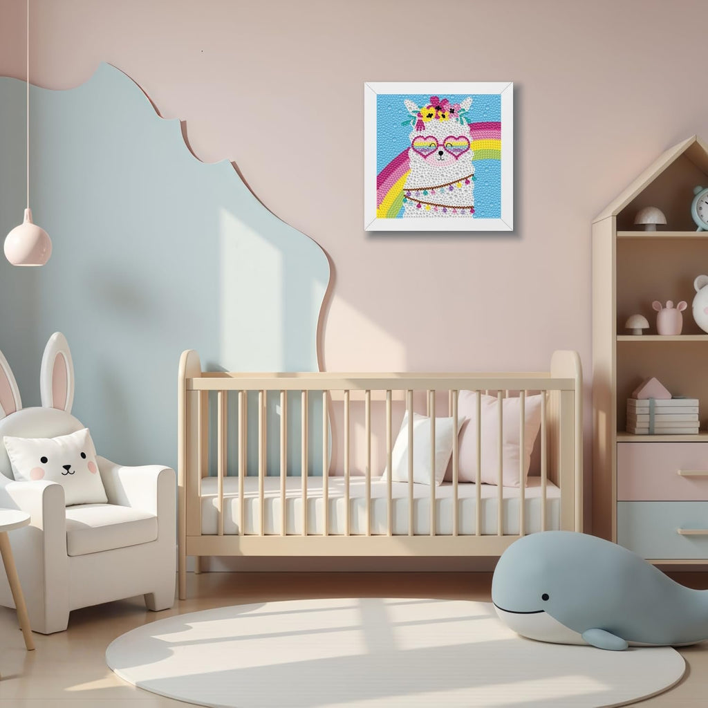 Diamond painting kit of a llama wearing heart sunglasses and a flower crown, hanging on a nursery wall.