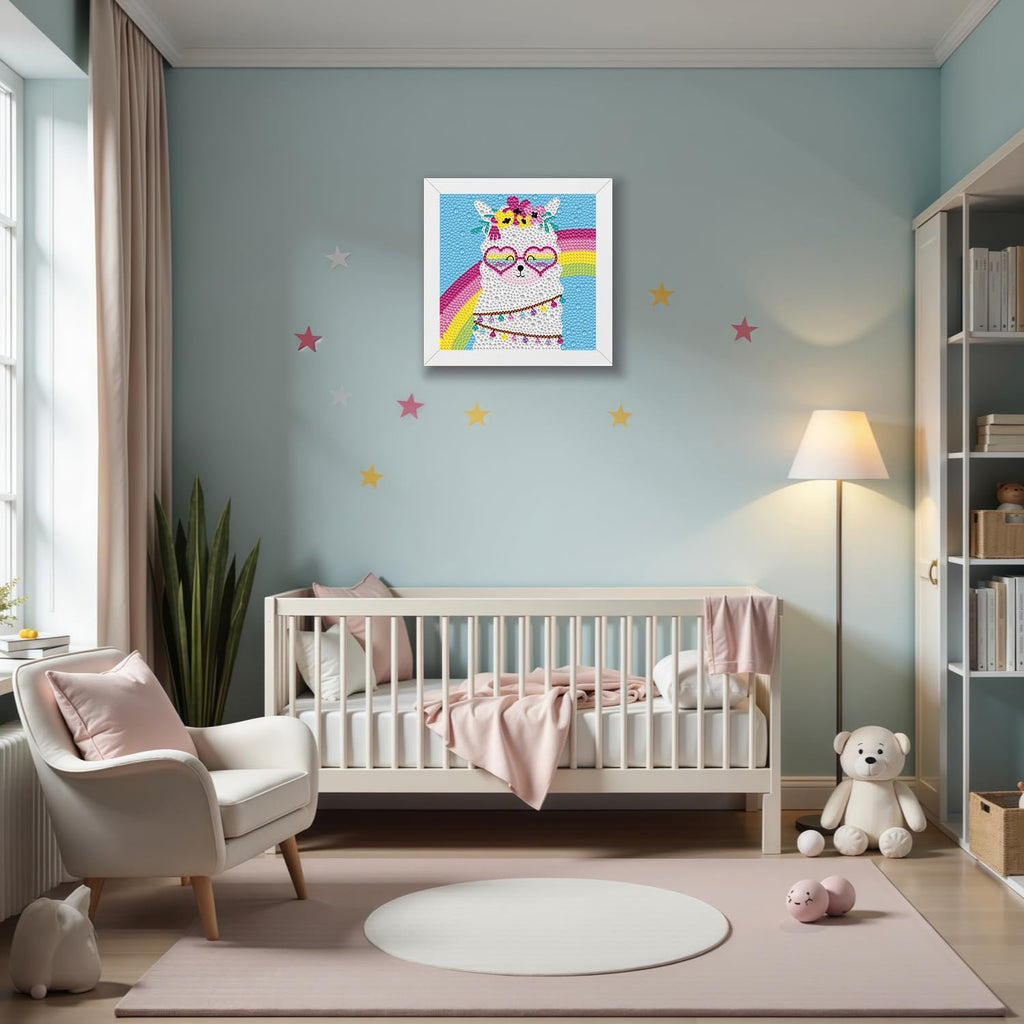 Nursery room with a diamond painting of a llama wearing heart sunglasses and a rainbow, hanging above a crib.