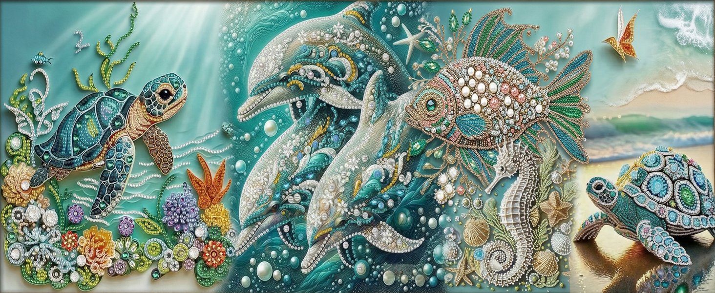 Diamond painting kit featuring a sea turtle, dolphins, and a fish in an underwater scene with a beach background.