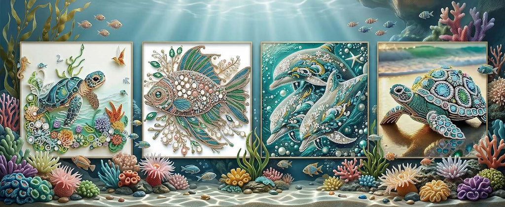 Four diamond painting kits featuring sea turtles, a fish, and dolphins in an underwater scene with coral and fish.