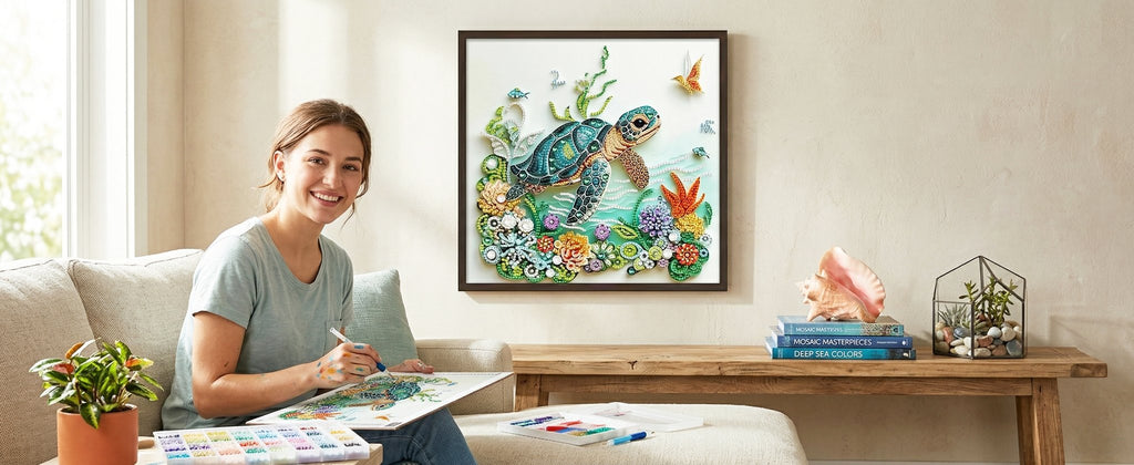 Woman smiling while working on a sea turtle diamond painting kit in a living room setting