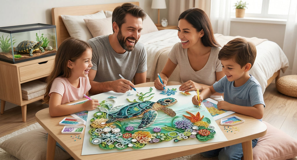 Family enjoying a sea turtle diamond painting kit at a table, with a turtle and ocean scene on the canvas.