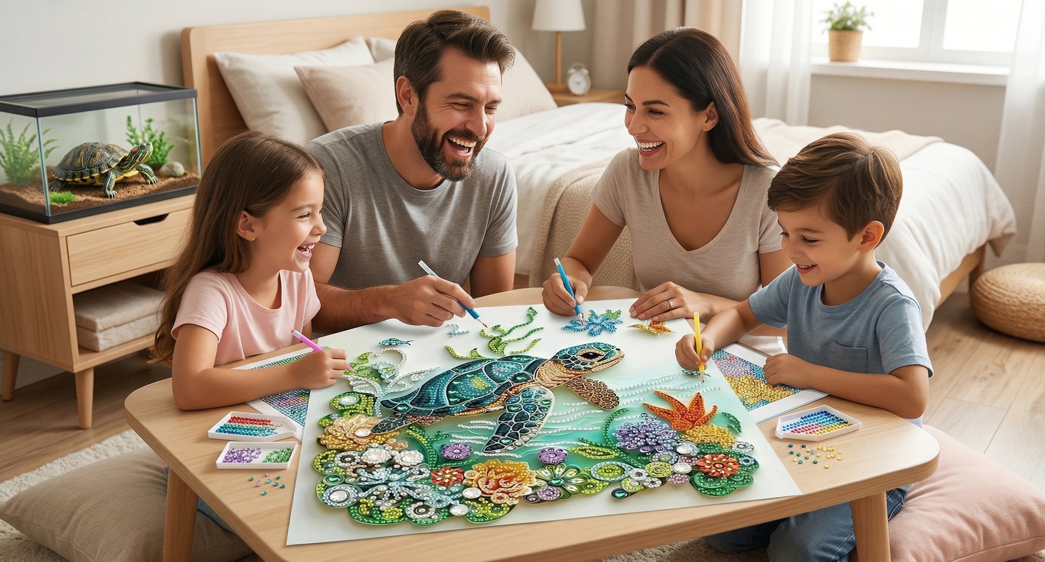 Family enjoying a sea turtle diamond painting kit at a table, with a turtle and ocean scene on the canvas.