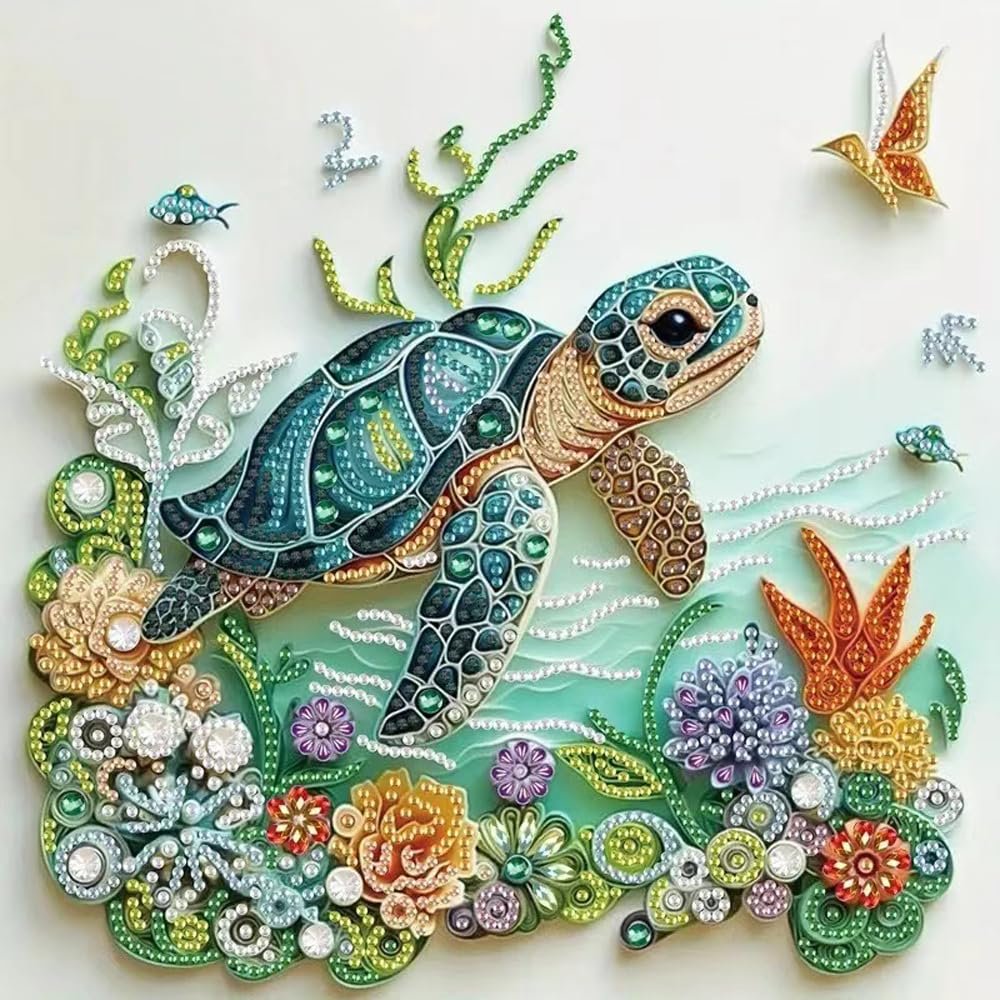 Sea turtle diamond painting kit with colorful rhinestones forming a marine scene with flowers and fish.