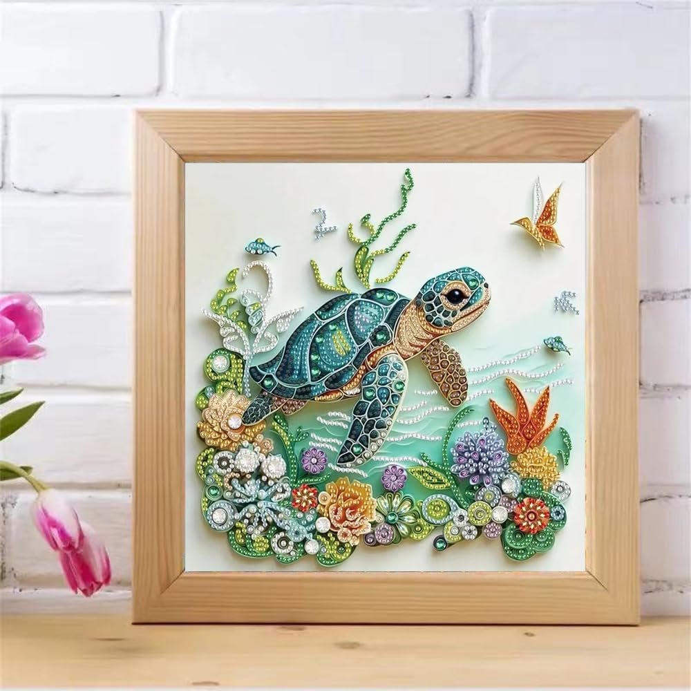 Framed 5D special shape diamond painting kit featuring a sea turtle swimming among colorful coral and fish.