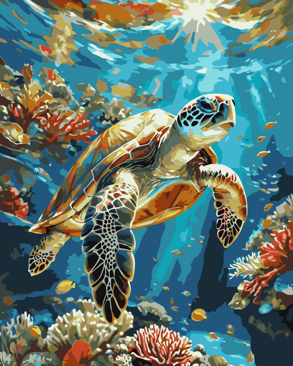 Sea turtle swimming among coral reefs and small fish underwater, with sun rays filtering from above.