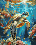 Sea turtle swimming among coral reefs and small fish underwater, with sun rays filtering from above.
