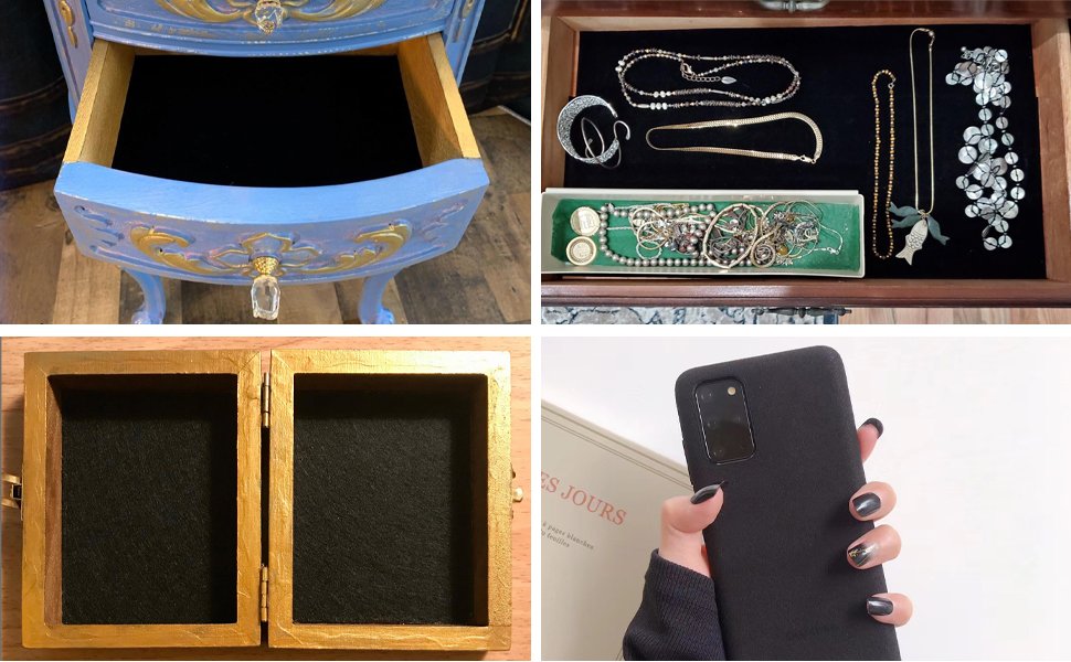 Four images showing jewelry storage solutions: an open blue drawer with black lining, a jewelry box drawer with necklaces and earrings, an open wooden box with black lining, and a hand holding a black phone case.