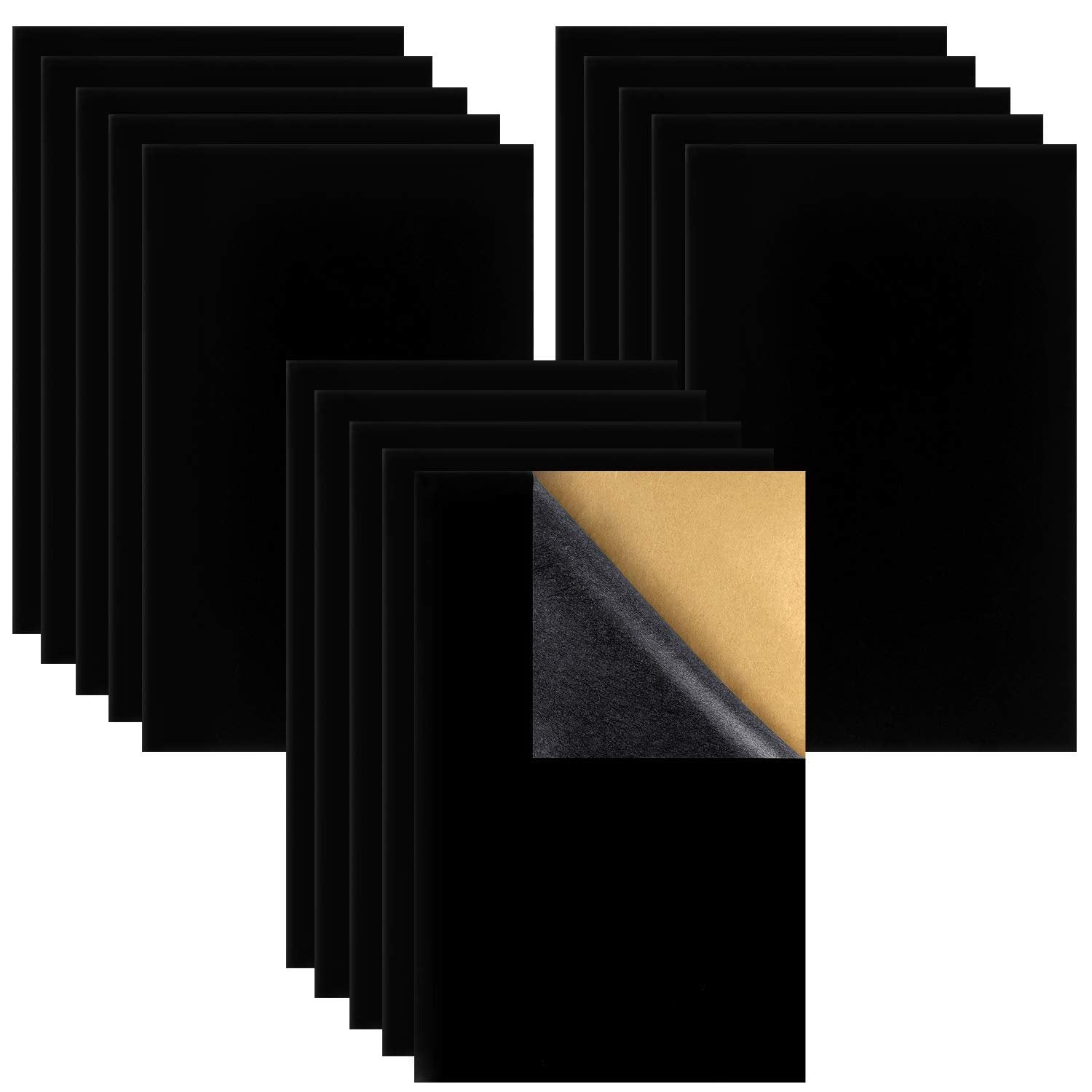 Stack of 15 black self-adhesive felt sheets, A4 size, with a close-up showing the adhesive backing.
