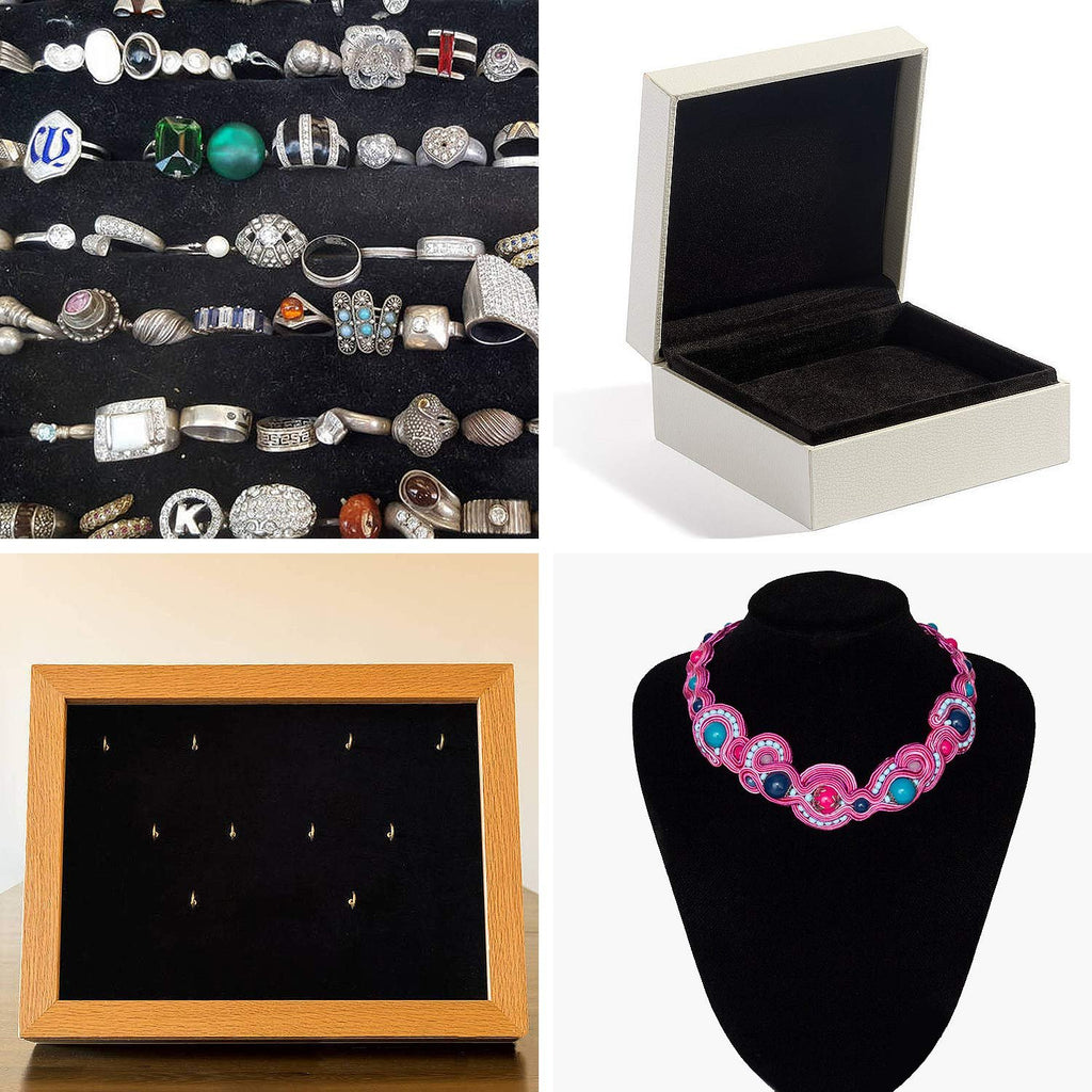 Collage of jewelry display items: rings on velvet, open jewelry box, empty display frame, and a colorful necklace on a bust.