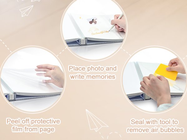 Collage showing how to use a self-adhesive photo album: peeling film, placing photo and writing, sealing with a tool.