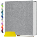 Gray linen cover scrapbook album with color swatches on the left and a yellow squeegee and pen at the bottom.