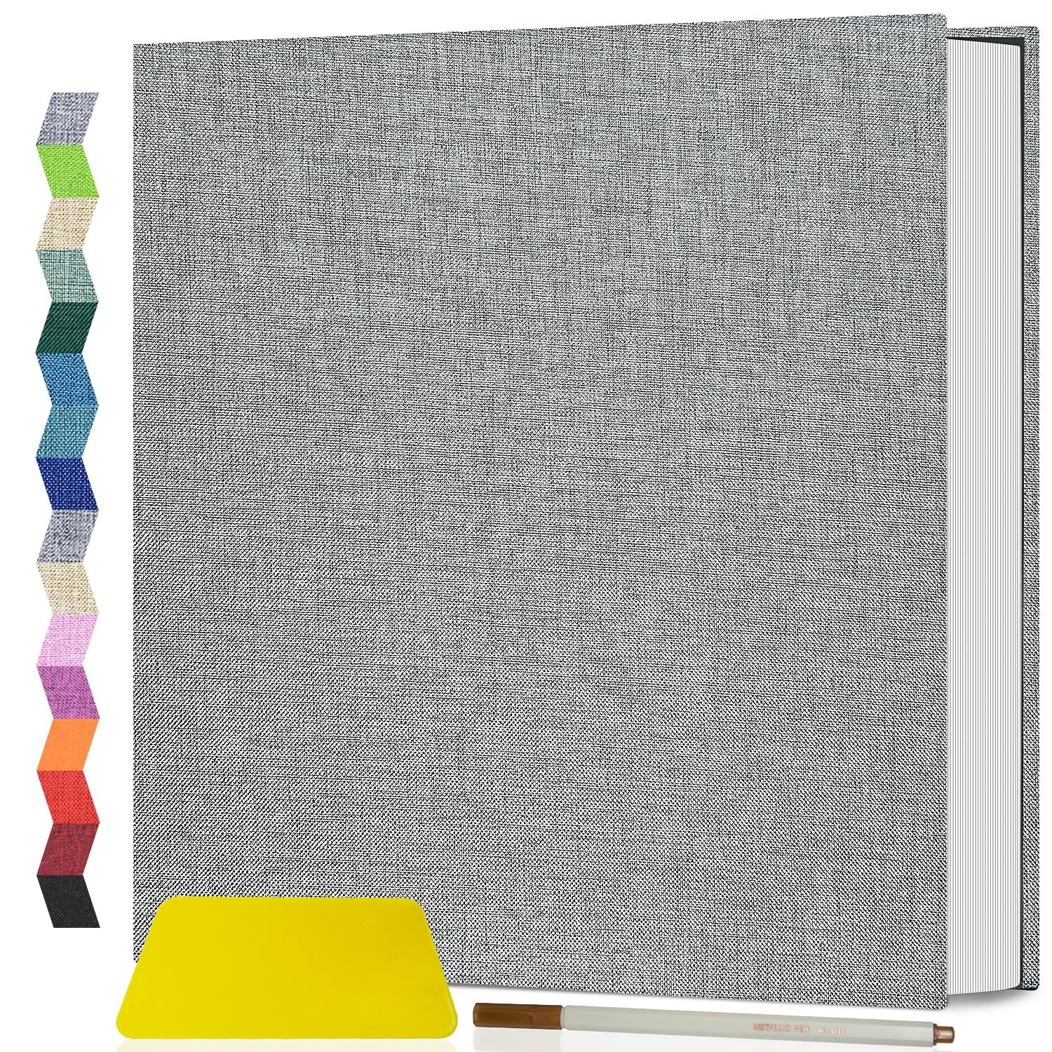 Gray linen cover scrapbook album with color swatches on the left and a yellow squeegee and pen at the bottom.