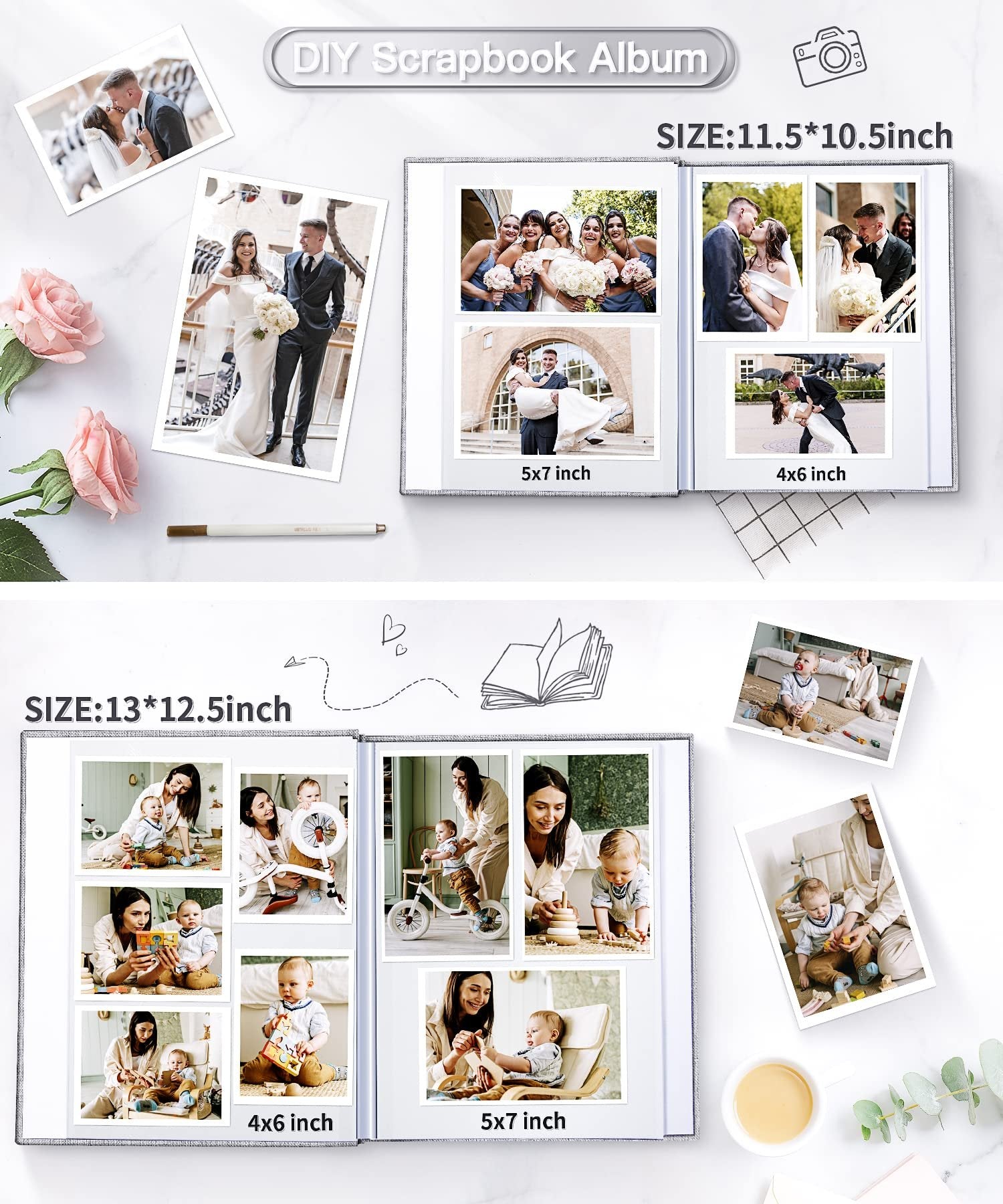 Two open scrapbook albums displaying wedding and baby photos, with size dimensions indicated.