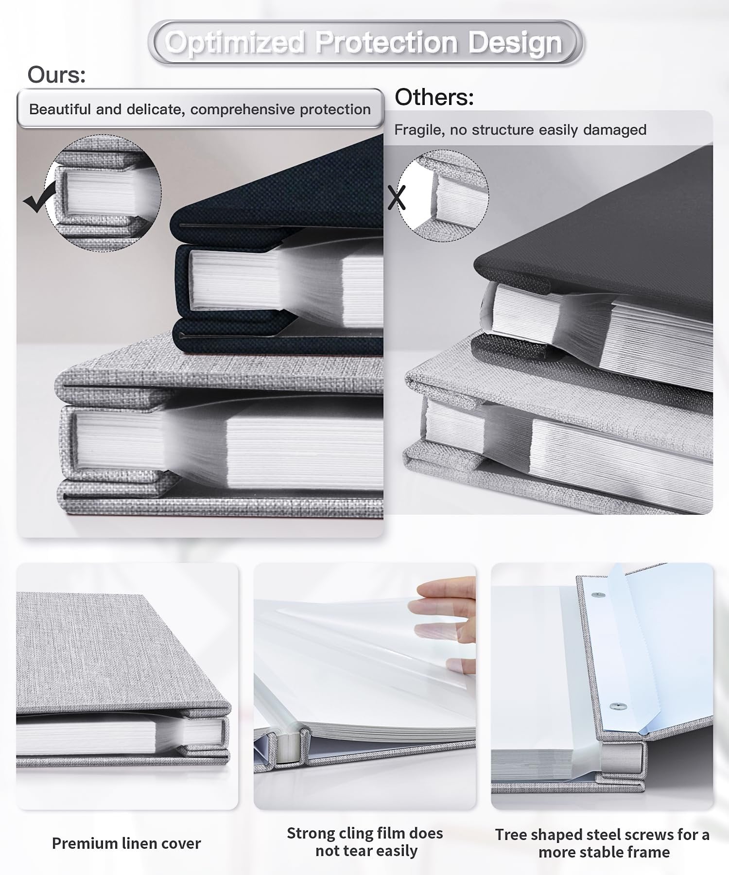 Comparison of two photo albums, one labeled 'Ours' with a checkmark and the other 'Others' with an X, showing construction details and features.