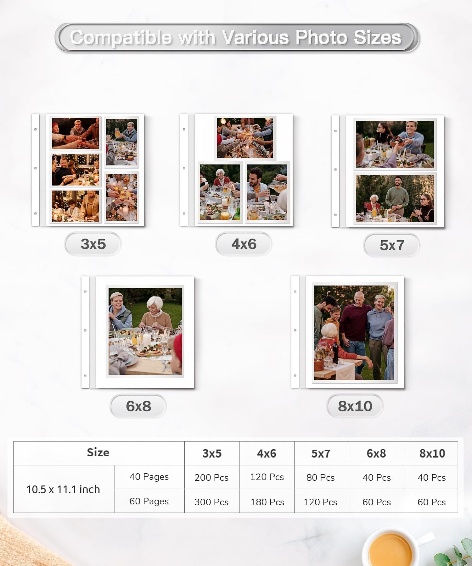Scrapbook album page layouts showing photo sizes 3x5, 4x6, 5x7, 6x8, and 8x10 with a capacity chart.