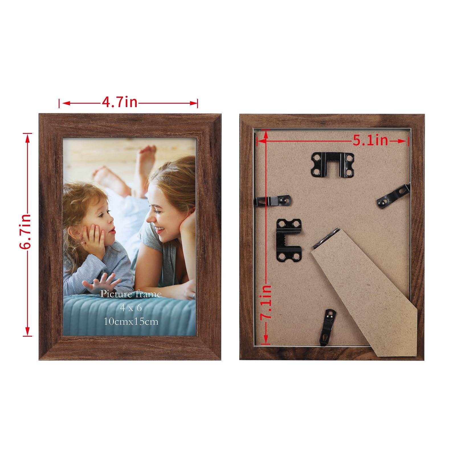 Two rustic brown wood-look picture frames shown side-by-side, one front view with a family photo, the other back view showing hardware and stand.