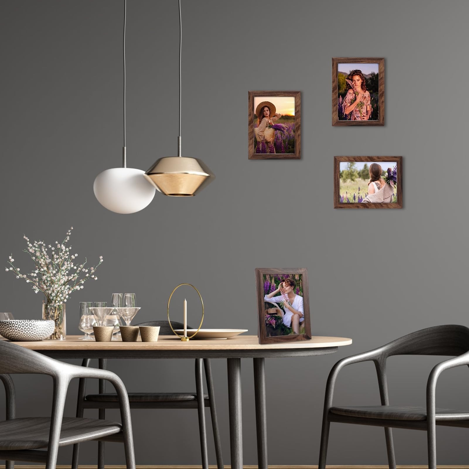 Four rustic brown wood-look picture frames displayed on a wall and a table in a dining room setting.