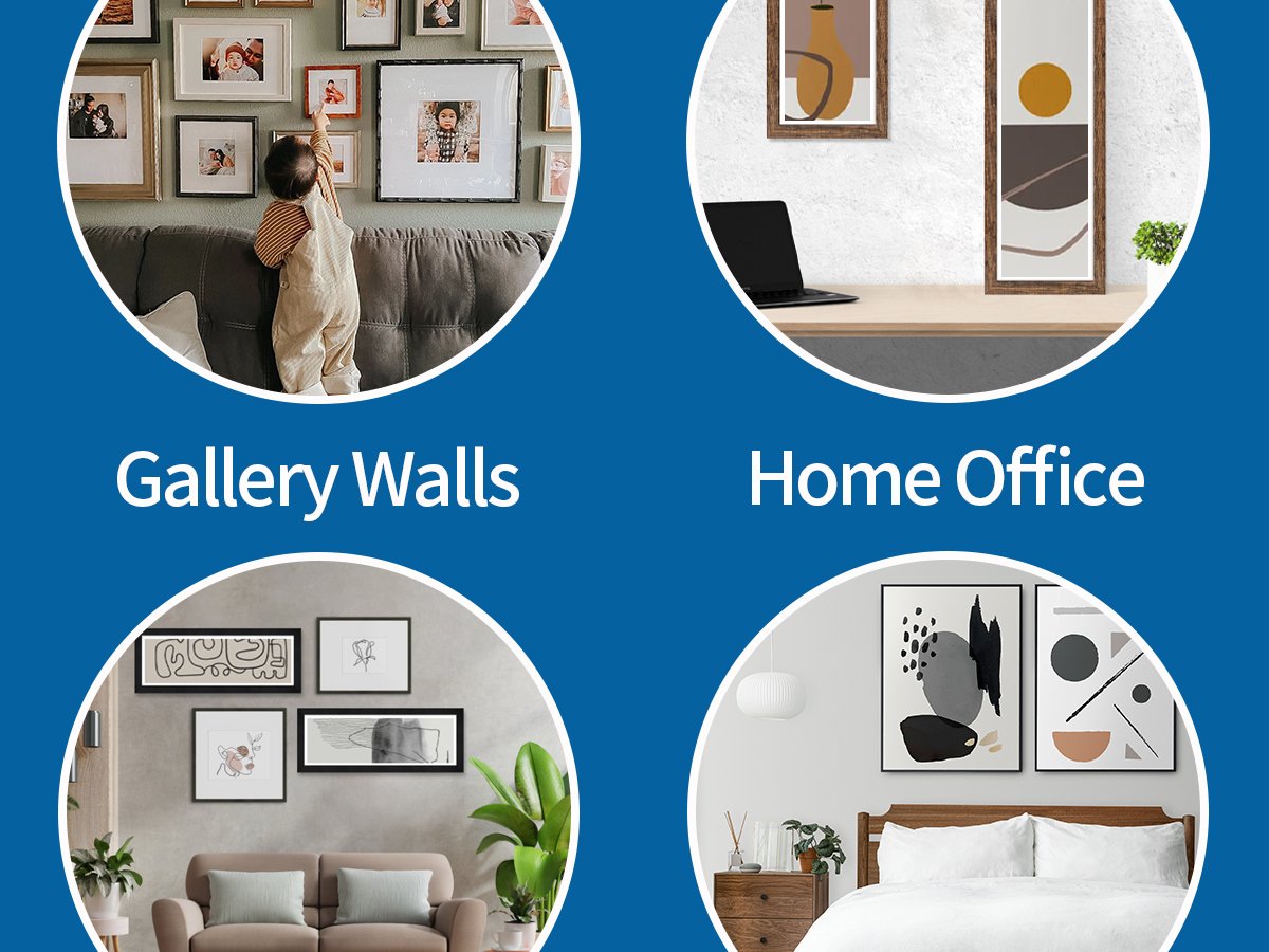 Collage of four lifestyle images showing picture frames in different home settings: gallery wall with child, home office, living room, and bedroom.