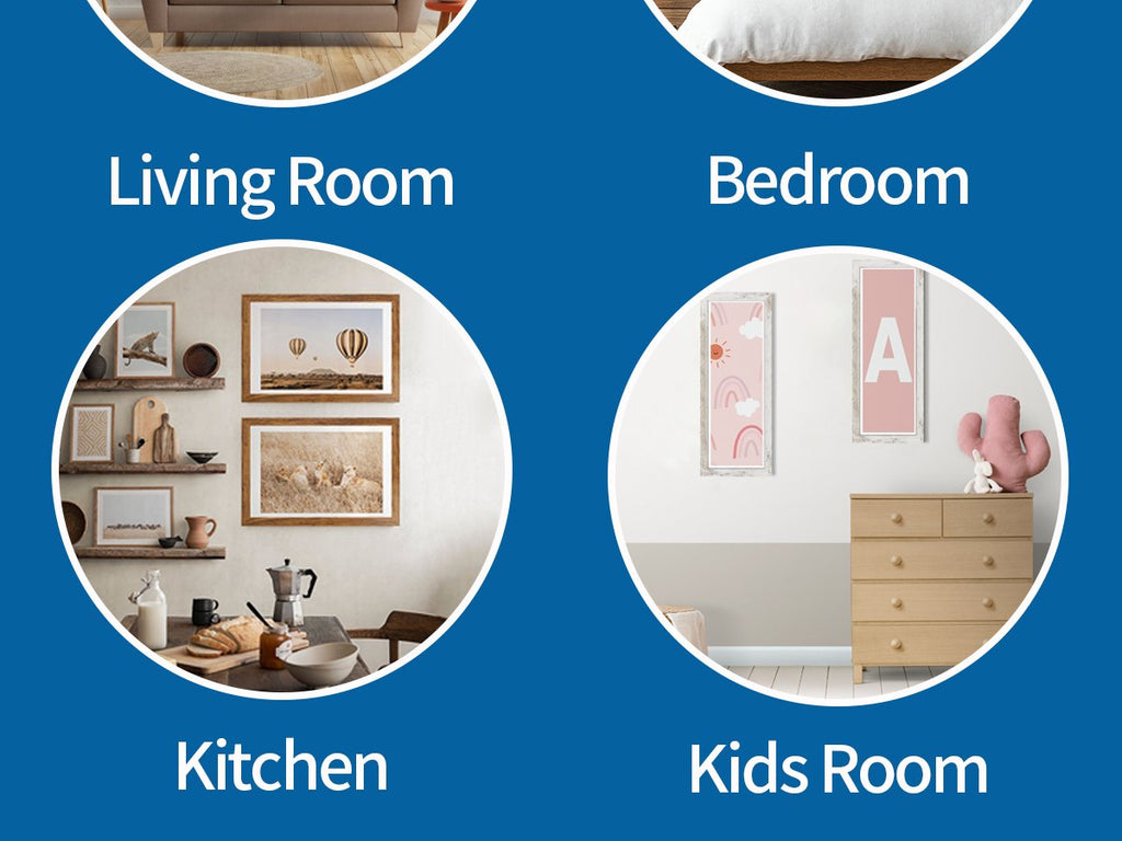 Collage of room vignettes: living room with shelves and art, bedroom with dresser and art, kitchen with table and food, kids room with dresser and art.