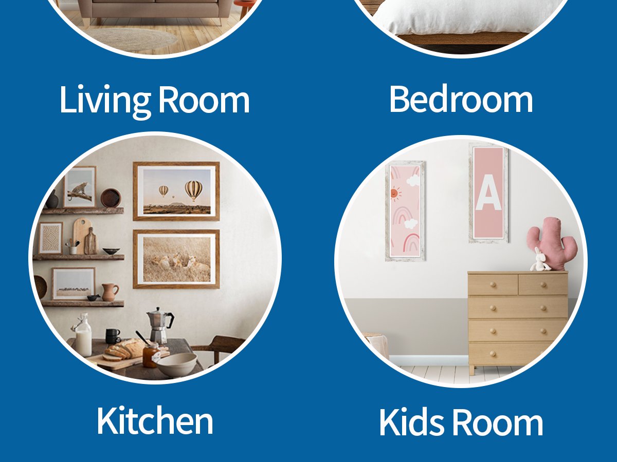 Collage of room vignettes: living room with shelves and art, bedroom with dresser and art, kitchen with table and food, kids room with dresser and art.