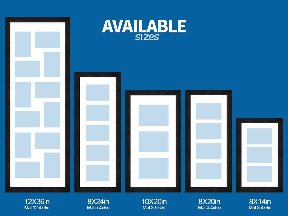 Collage picture frames in various sizes with mats for photos, displayed against a blue background.