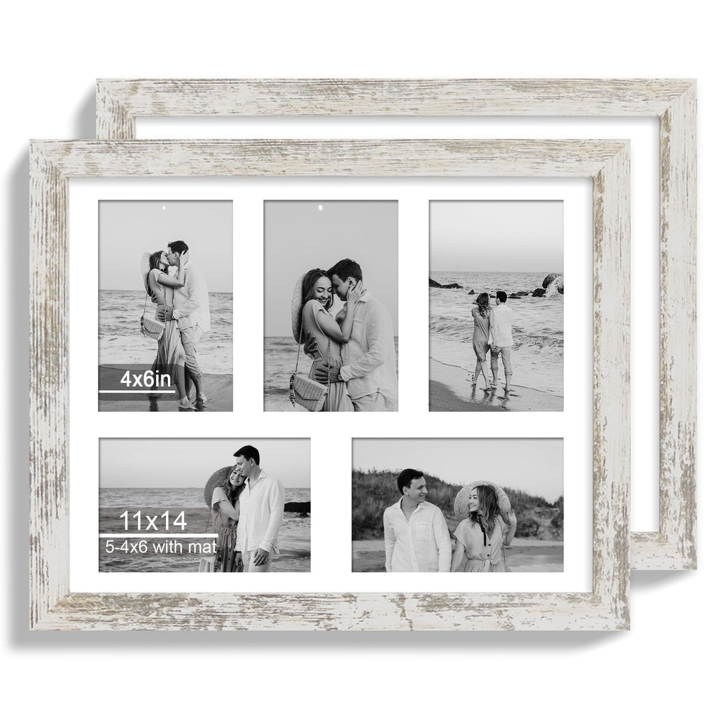 Two distressed white wood multi-photo frames displayed on a white background, one slightly behind the other.