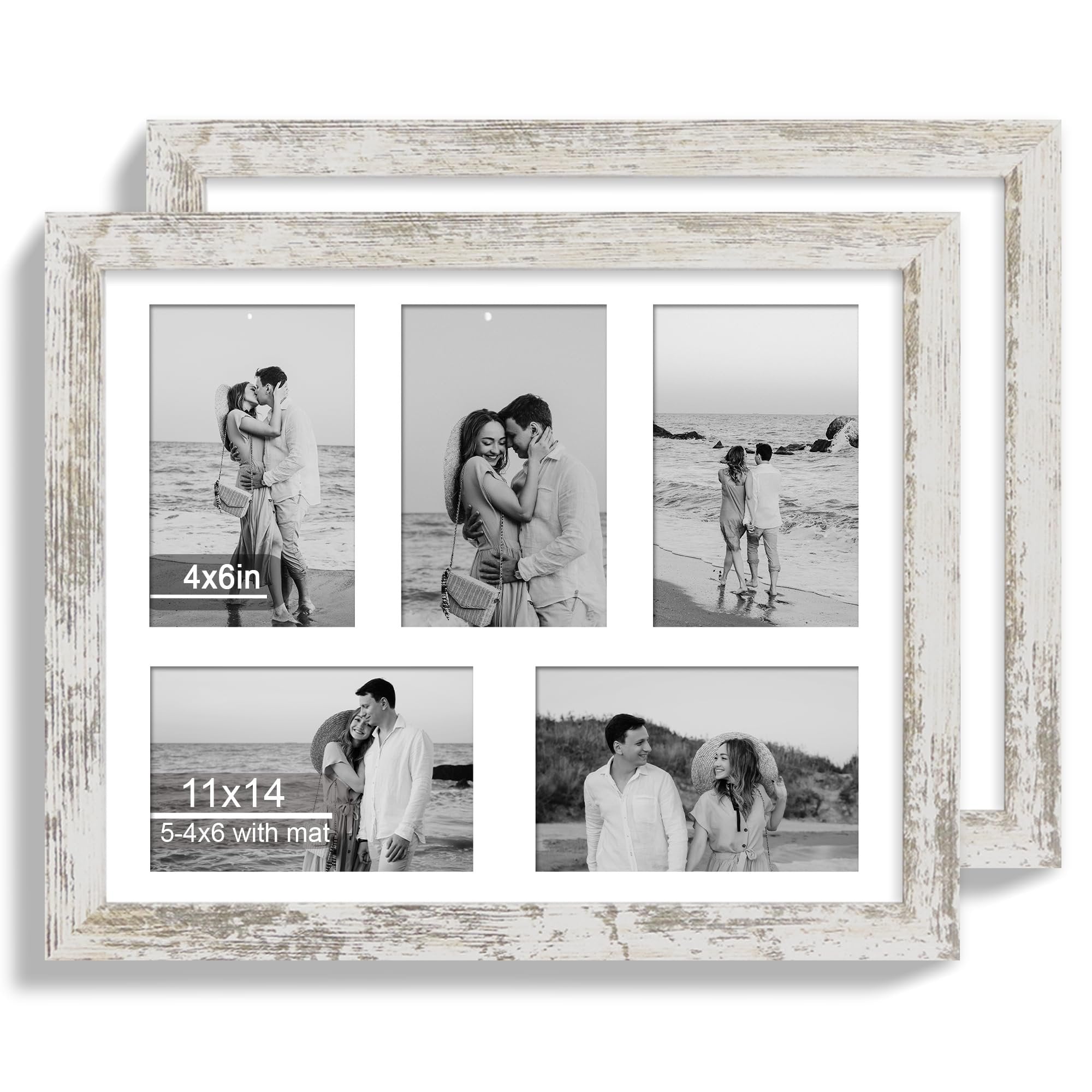 Two distressed white wood multi-photo frames displayed on a white background, one slightly behind the other.