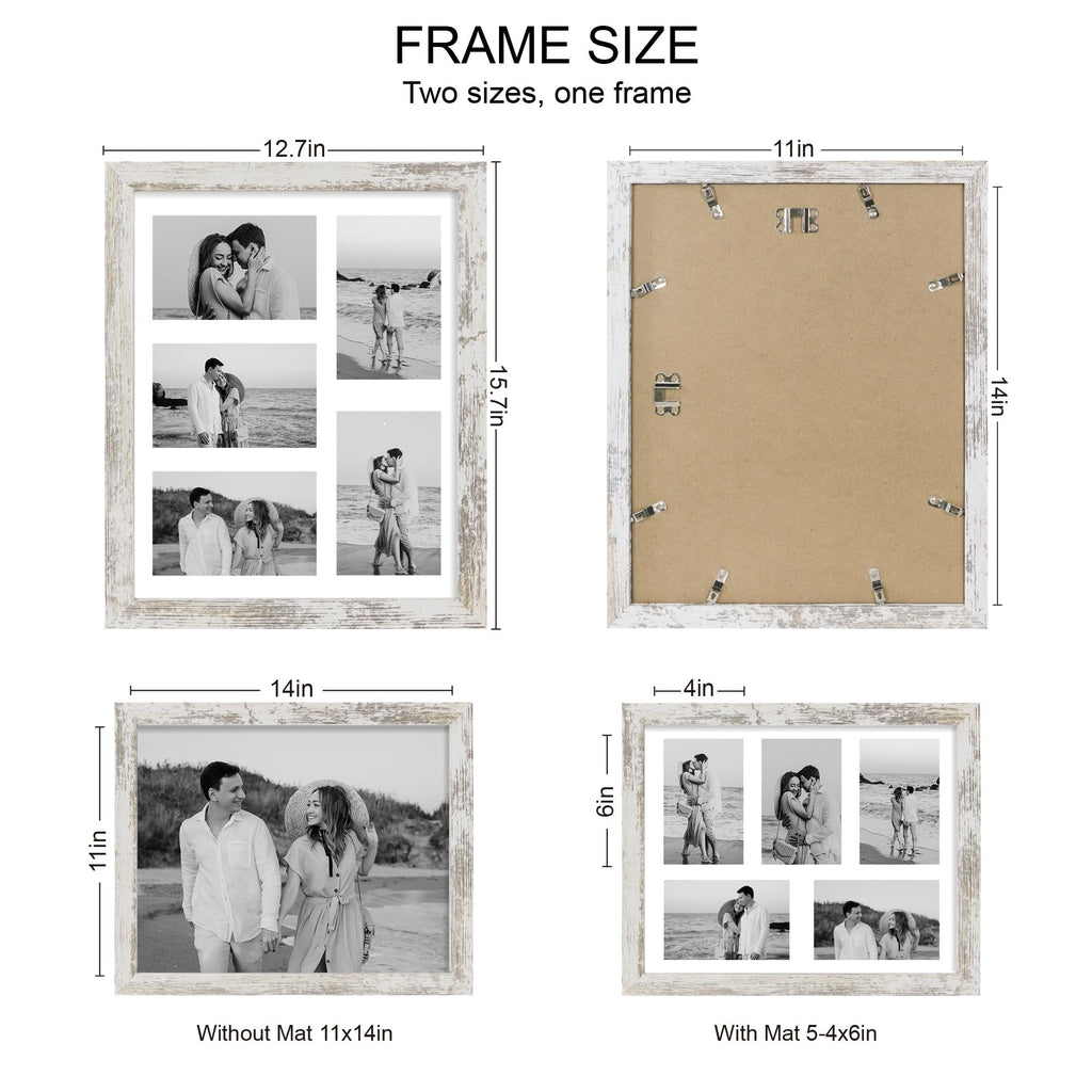 Collage of four distressed white wood picture frames showing dimensions and photo layouts.