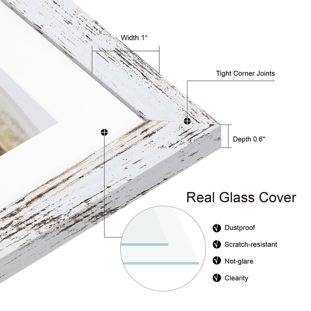 Close-up of a distressed white wood picture frame corner showing width and depth measurements, and glass cover features.
