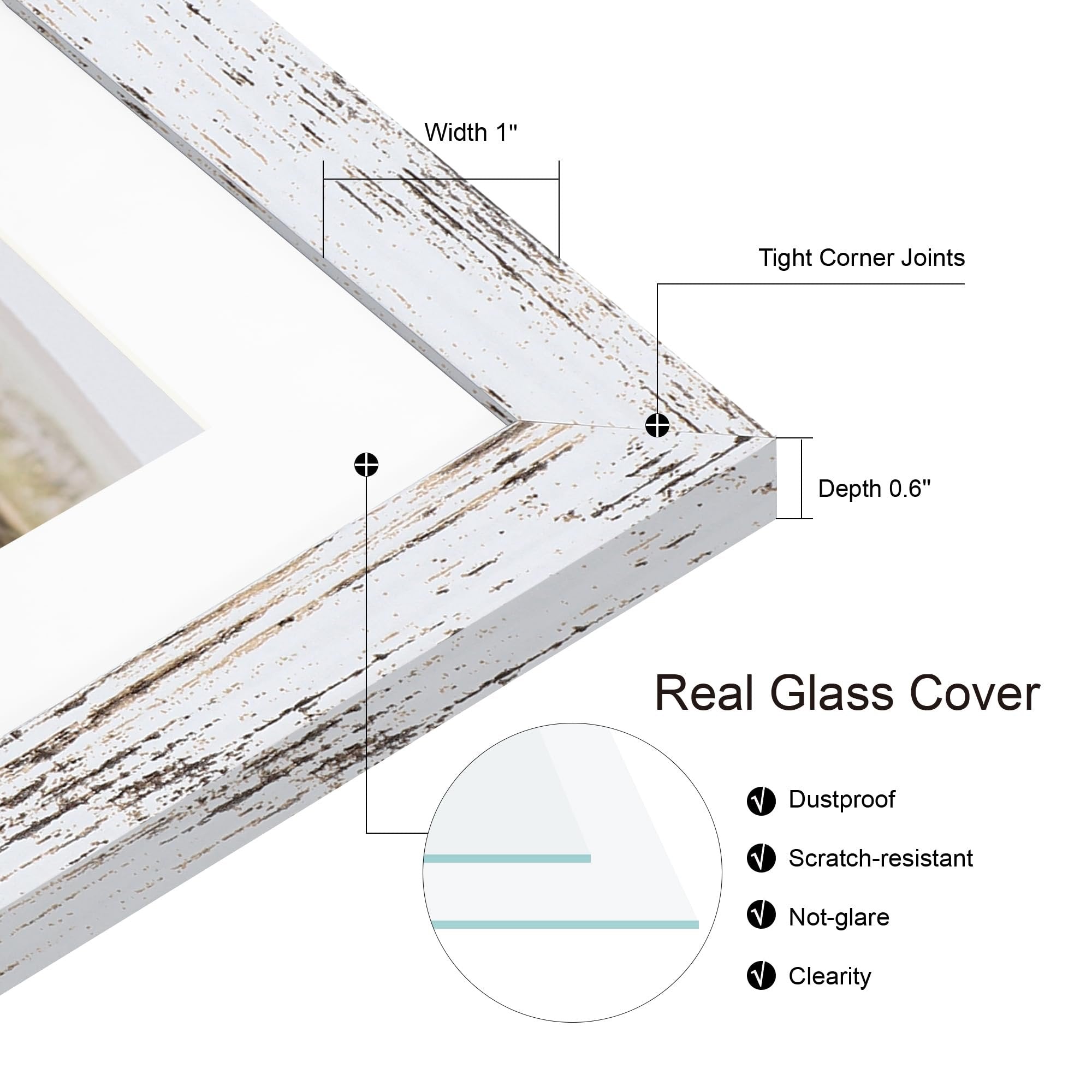 Close-up of a distressed white wood picture frame corner showing width and depth measurements, and glass cover features.