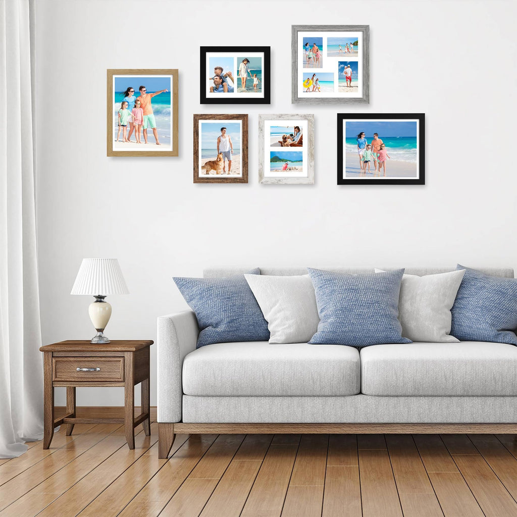 Collage of six picture frames displaying family beach photos, mounted on a white wall above a sofa.