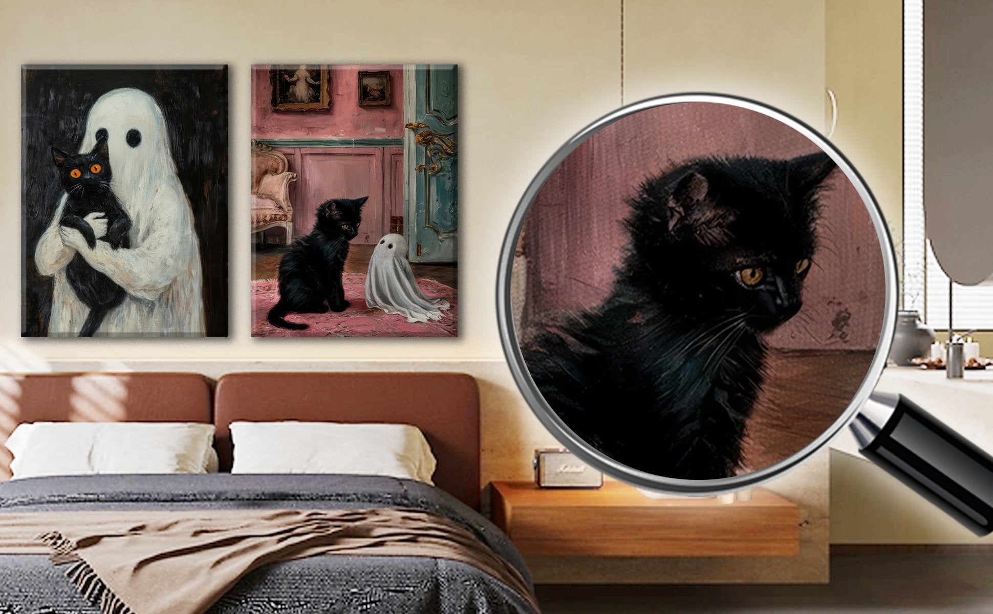 Two framed gothic Halloween canvas prints of a ghost holding a black cat and two black kittens with a ghost on a pink rug, displayed above a bed.