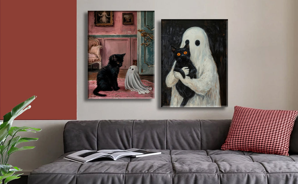Two framed gothic Halloween canvas art prints of a black cat with a ghost and a ghost holding a black cat, displayed above a sofa.